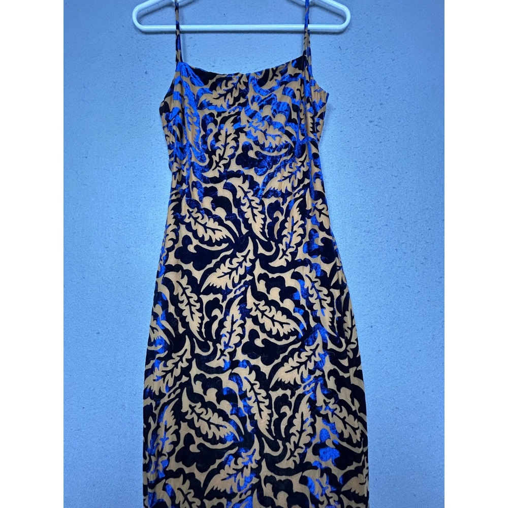 Lovely Day Dress Burnout Velvet Blue Tan Damask Large Womens